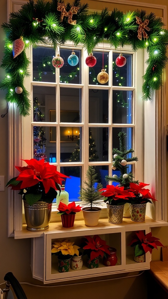 A festive kitchen window decorated with pine garland, fairy lights, and poinsettias for Christmas.